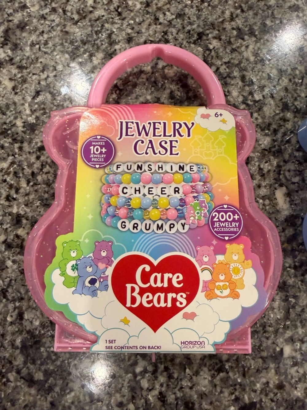 Care Bears Pink Jewelry Case with Multicolor Bead Bracelets. New.